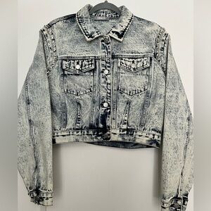 BlueB rhinestone crystal embellished acid wash blue cropped jean jacket sz S